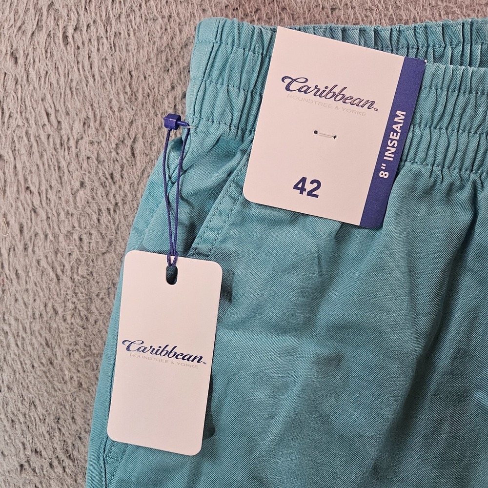 NWT Caribbean Roundtree & Yorke Shorts Men 42 x 8" Cotton Linen Blue / Green